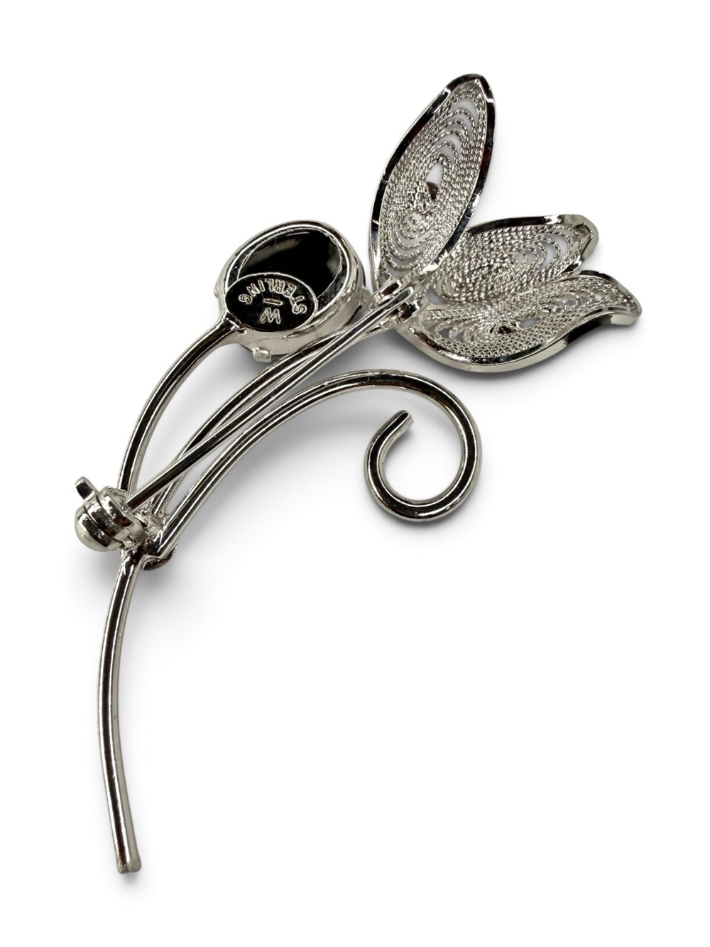 Vintage Sterling Silver Filigree Brooch With Czech Black Glass - Picture 10 of 13